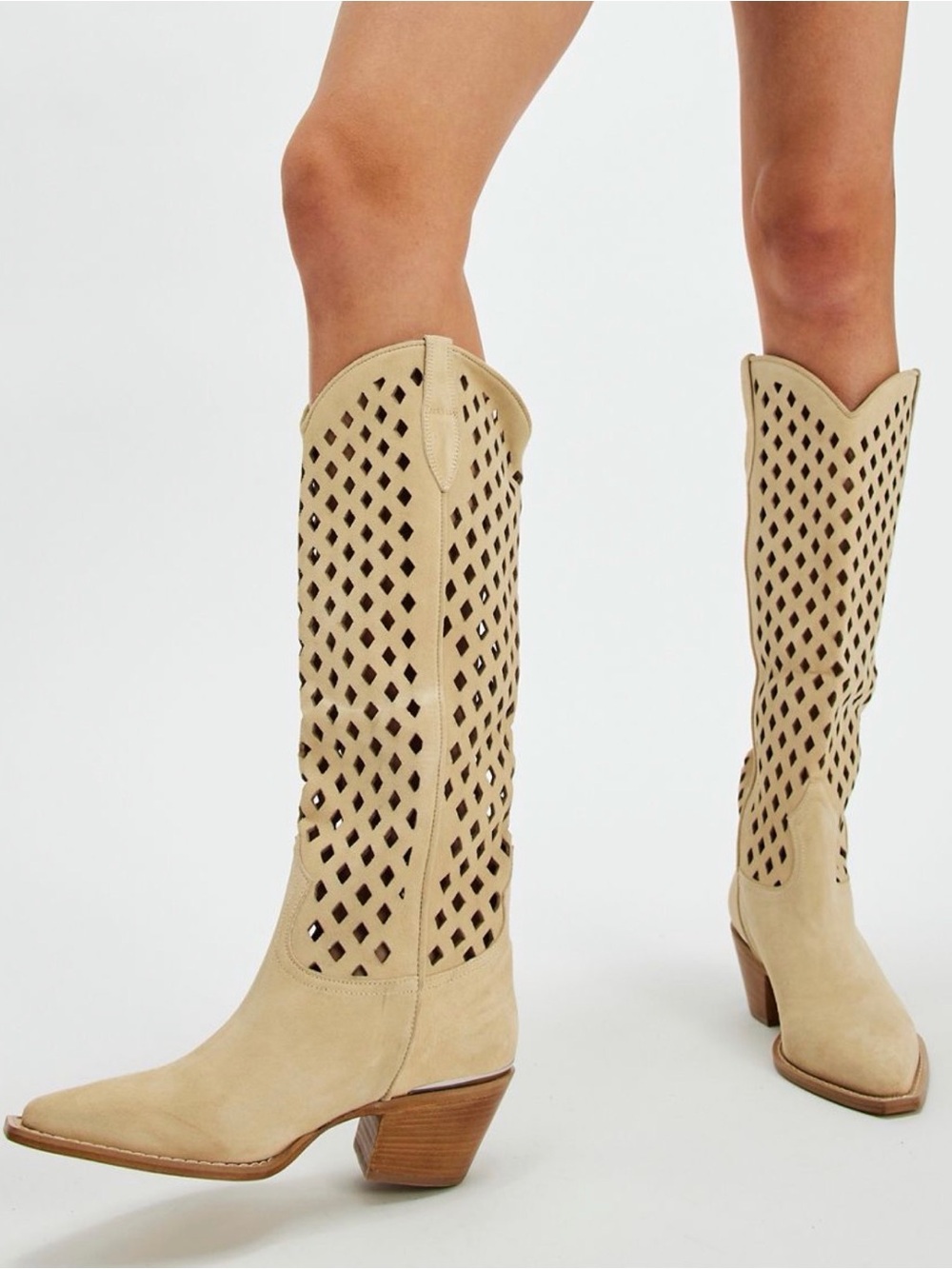 Free People Diamonds Are Forever Cowboy Boots Suede Sand US 7